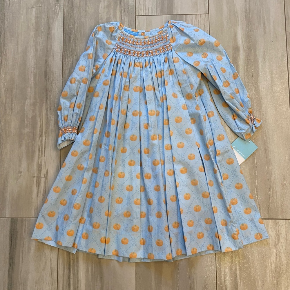 NWT Anavini Couture Light Blue Long Sleeve Pumpkin Smocked Dress, Size 6X
